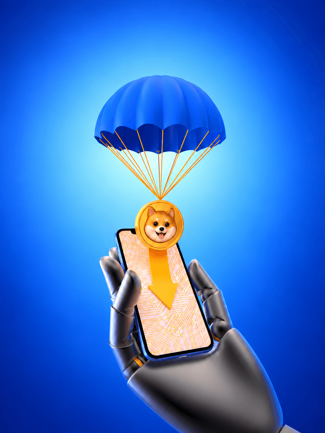 A crypto coin parachuting toward a phone held by a robotic hand